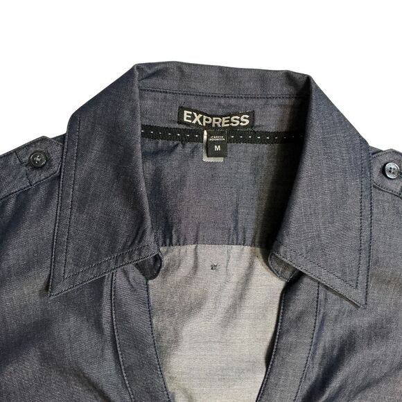 Express Womens Button Down Shirt Medium Roll Tab Sleeve Blue - Picture 6 of 8